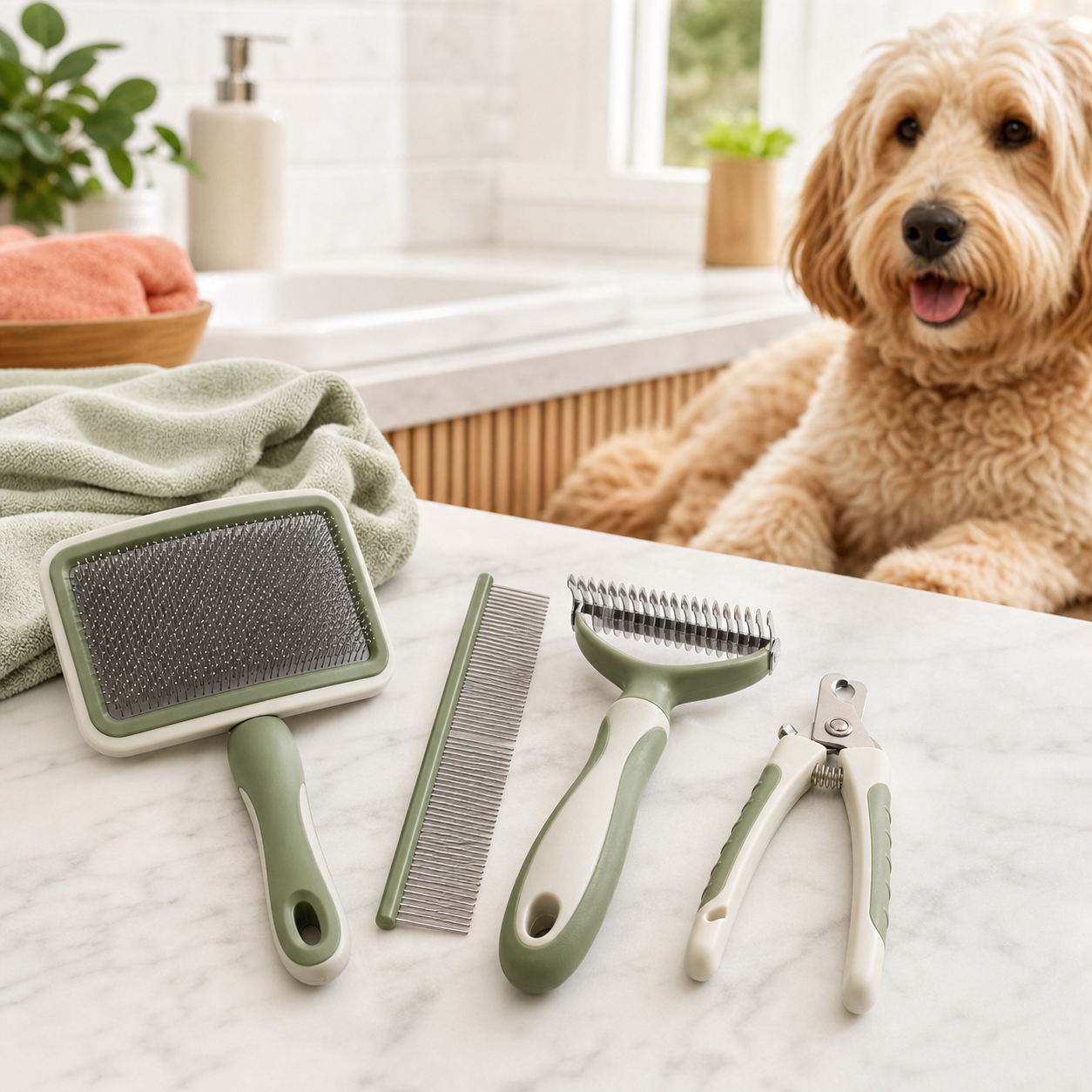 Pet grooming brushes and combs