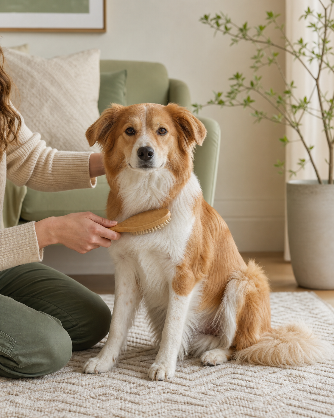 Dog being gently groomed at home